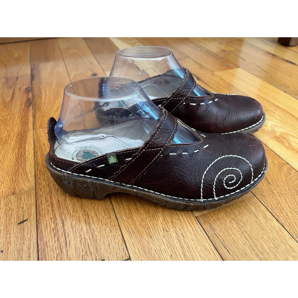 El Naturalista Dark Brown Leather Mules with White Stitching